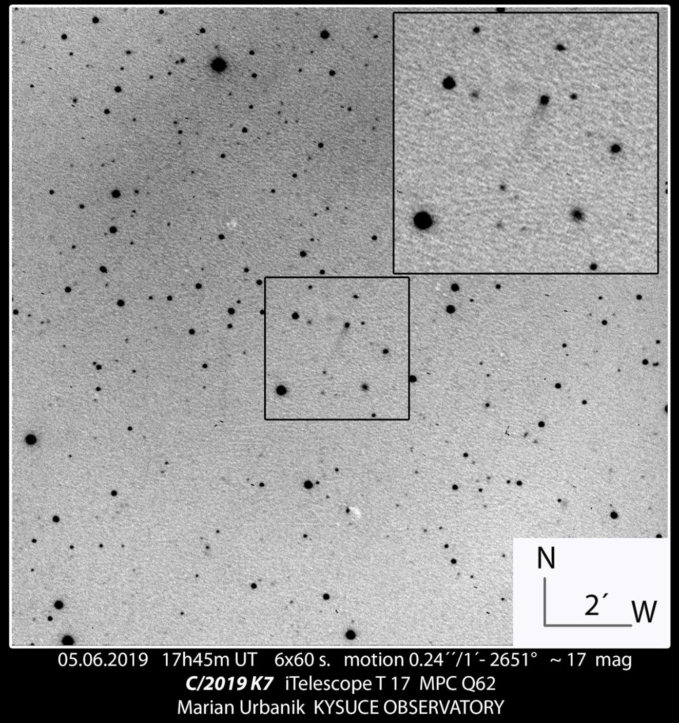 Kométa C/2019 K7 (Smith) z 5.6.2019. Autor: M. Urbanik